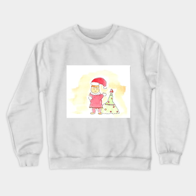 Human in Santa Claus hat near Christmas tree, character. Watercolor illustration on a winter theme, Crewneck Sweatshirt by grafinya